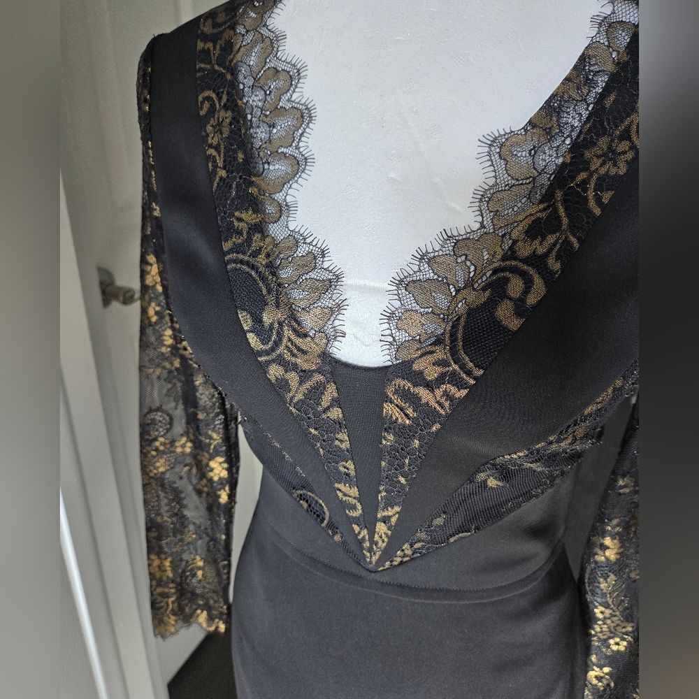 Karen Millen Black & Gold Lace Panel Pencil Dress - Size 4 - Picture 5 of 12
